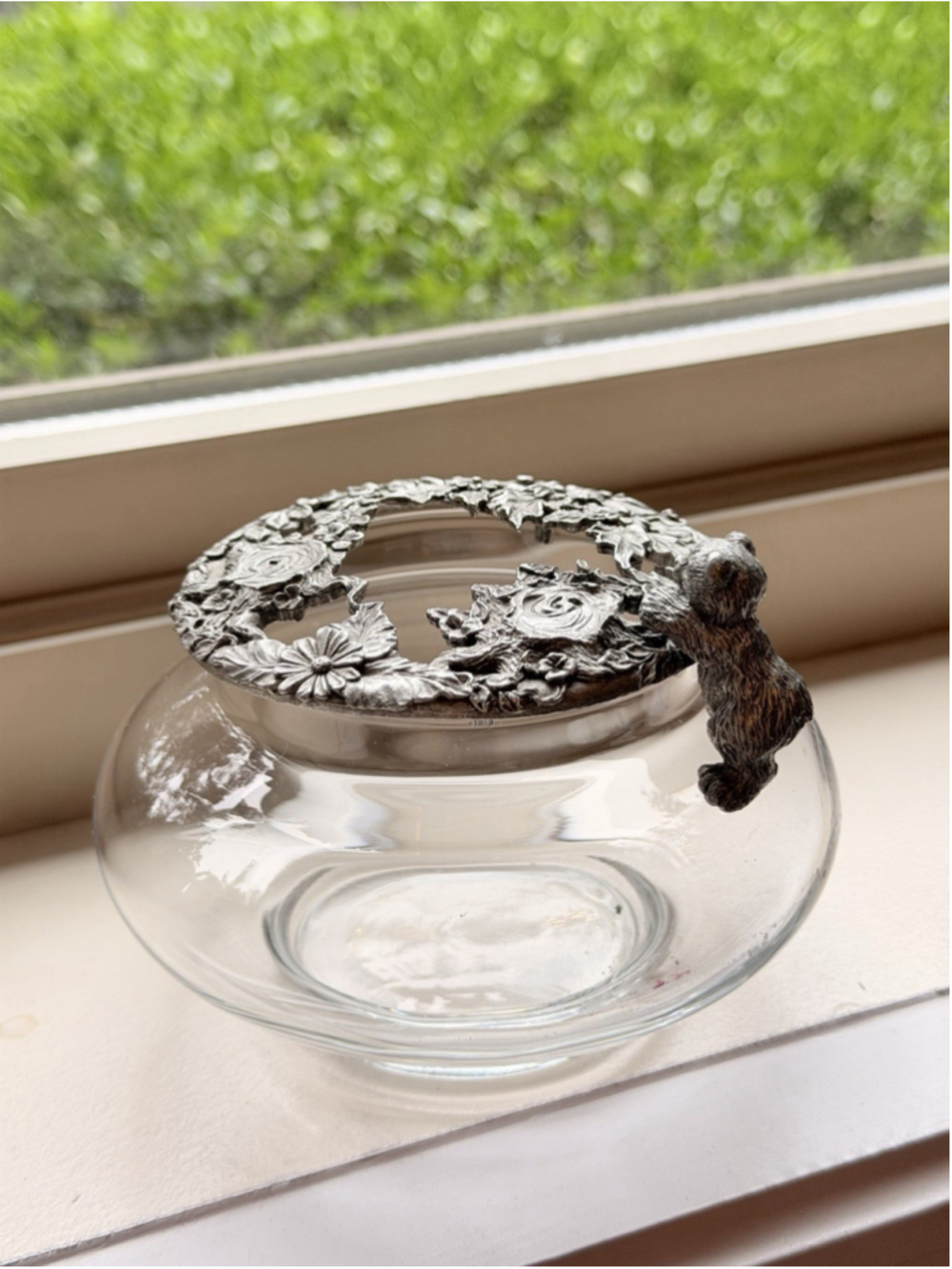 Vintage Seagull Pewter Bear Glass Potpourri Bowl Candy Dish Trinket Jar 1992